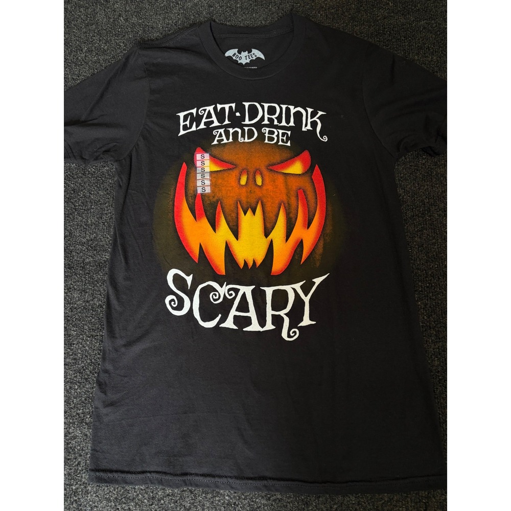 Boo Tees Halloween Eat Drink and Be Scary Graphic T-Shirt Black Small Pumpkin